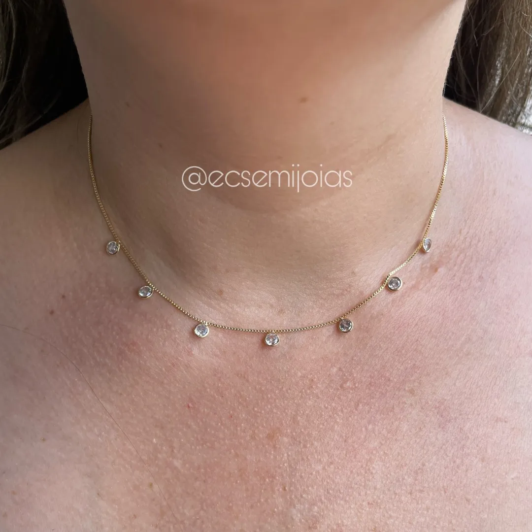 Colar veneziana com 7 zircônias redondas - 36cm + extensor - banhado a ouro 18k