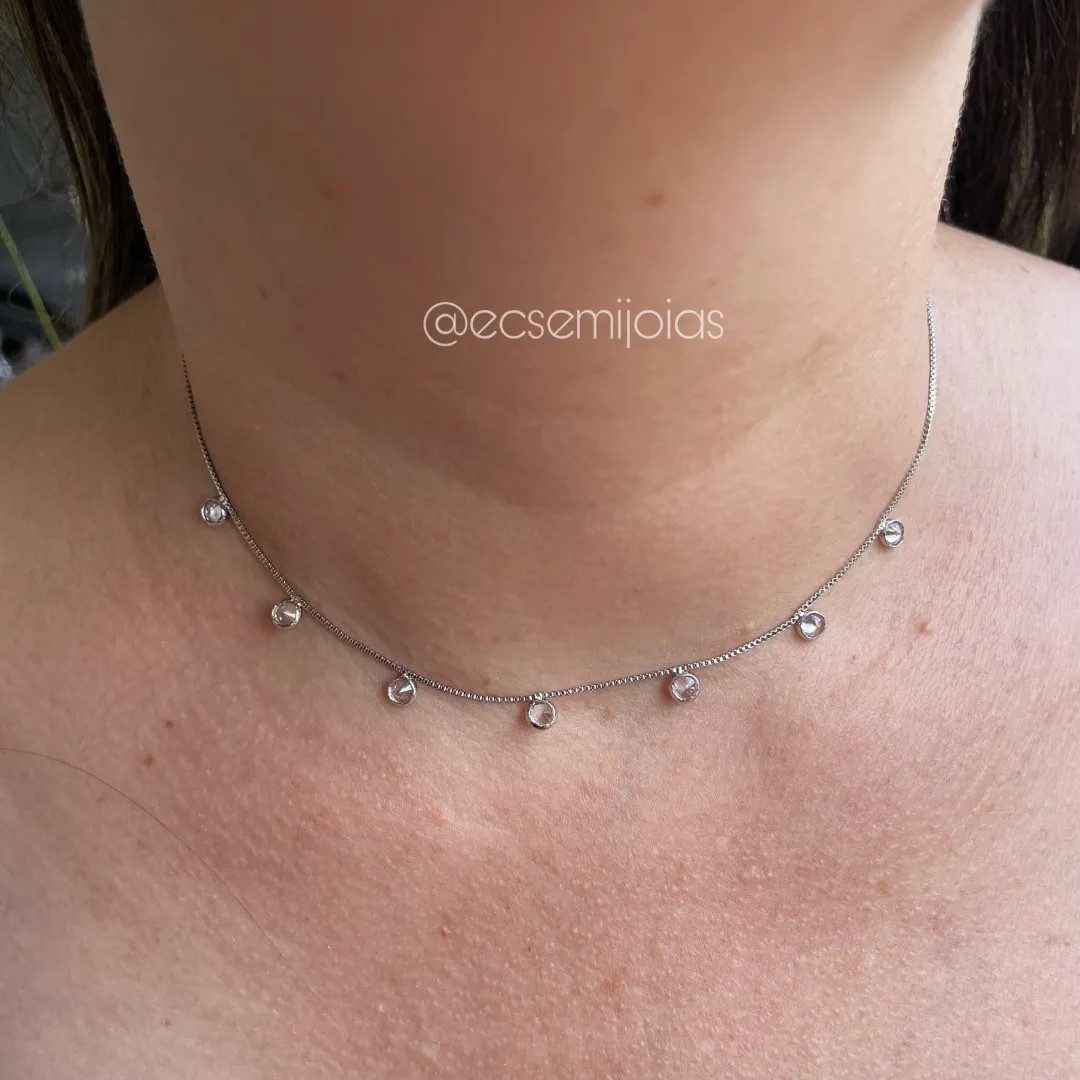 Colar veneziana com 7 zircônias redondas - 36cm + extensor - banhado a ródio branco