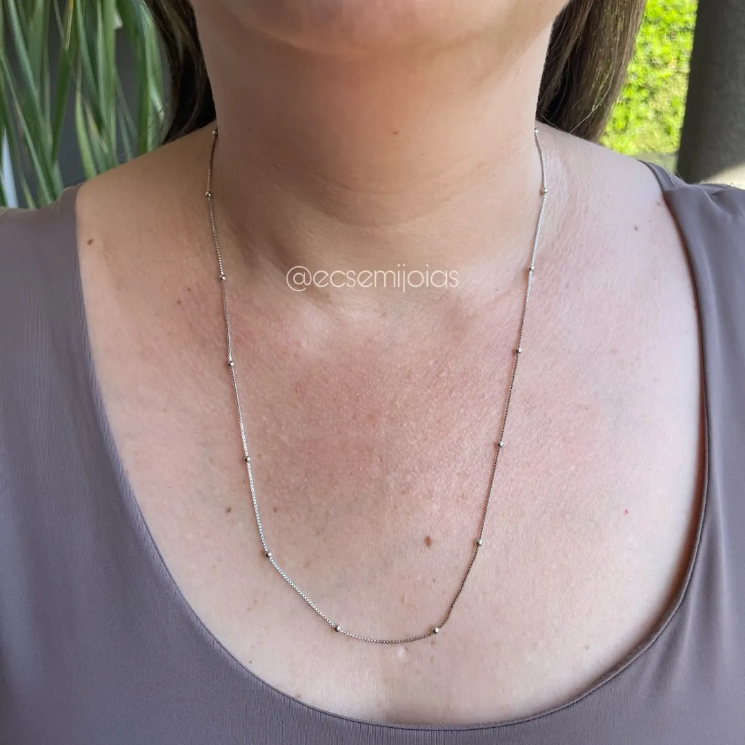 Colar veneziana com bolinhas mais longo - 60cm - banhado a ródio branco