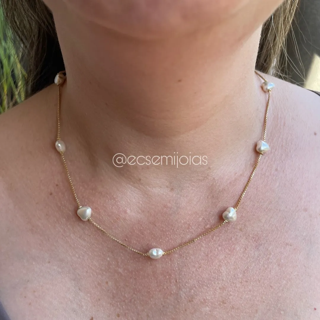 Colar veneziana com pérolas de coração - 40cm + extensor - banhado a ouro 18k
