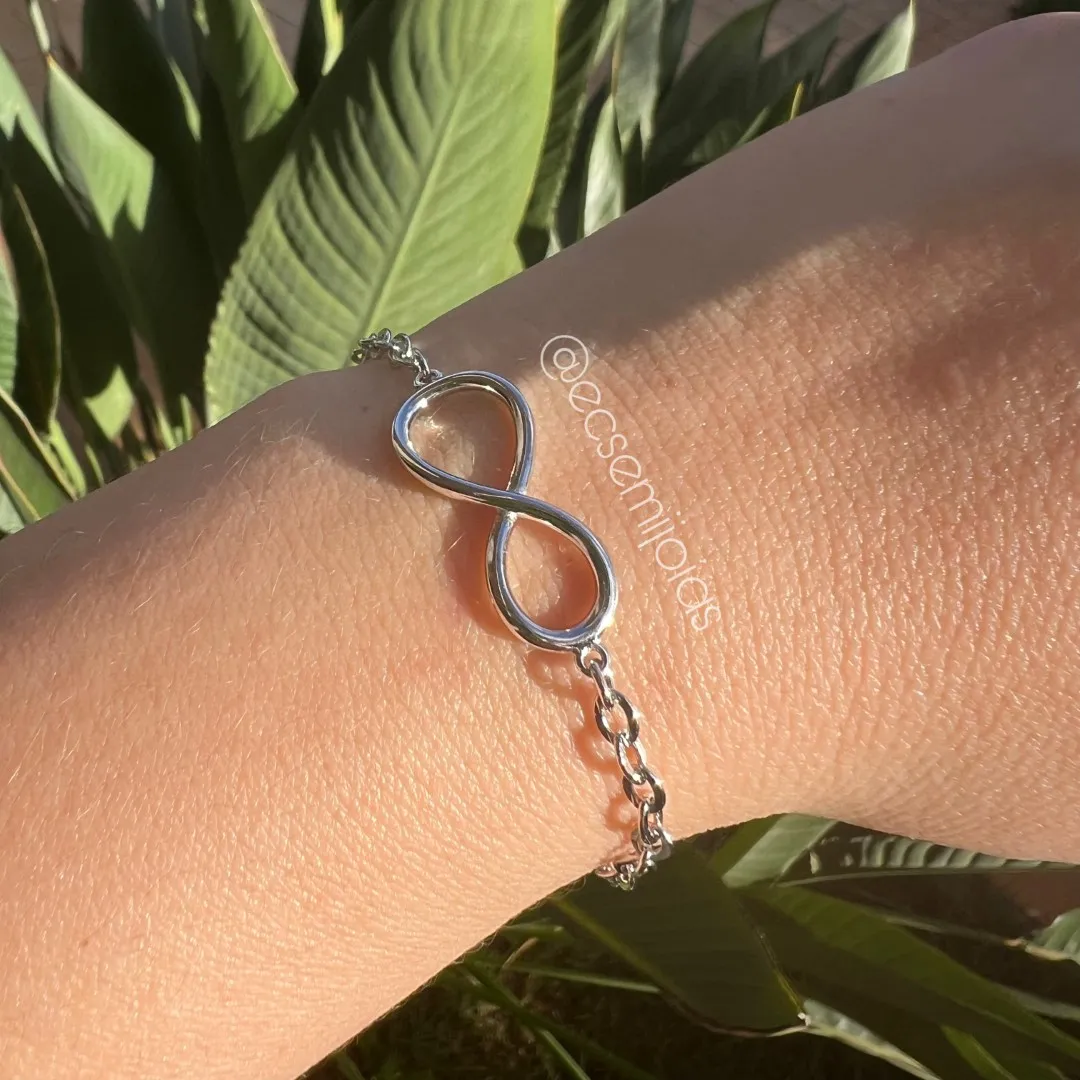 Pulseira de elo português com infinito liso - 18m + extensor - banhado a ródio branco