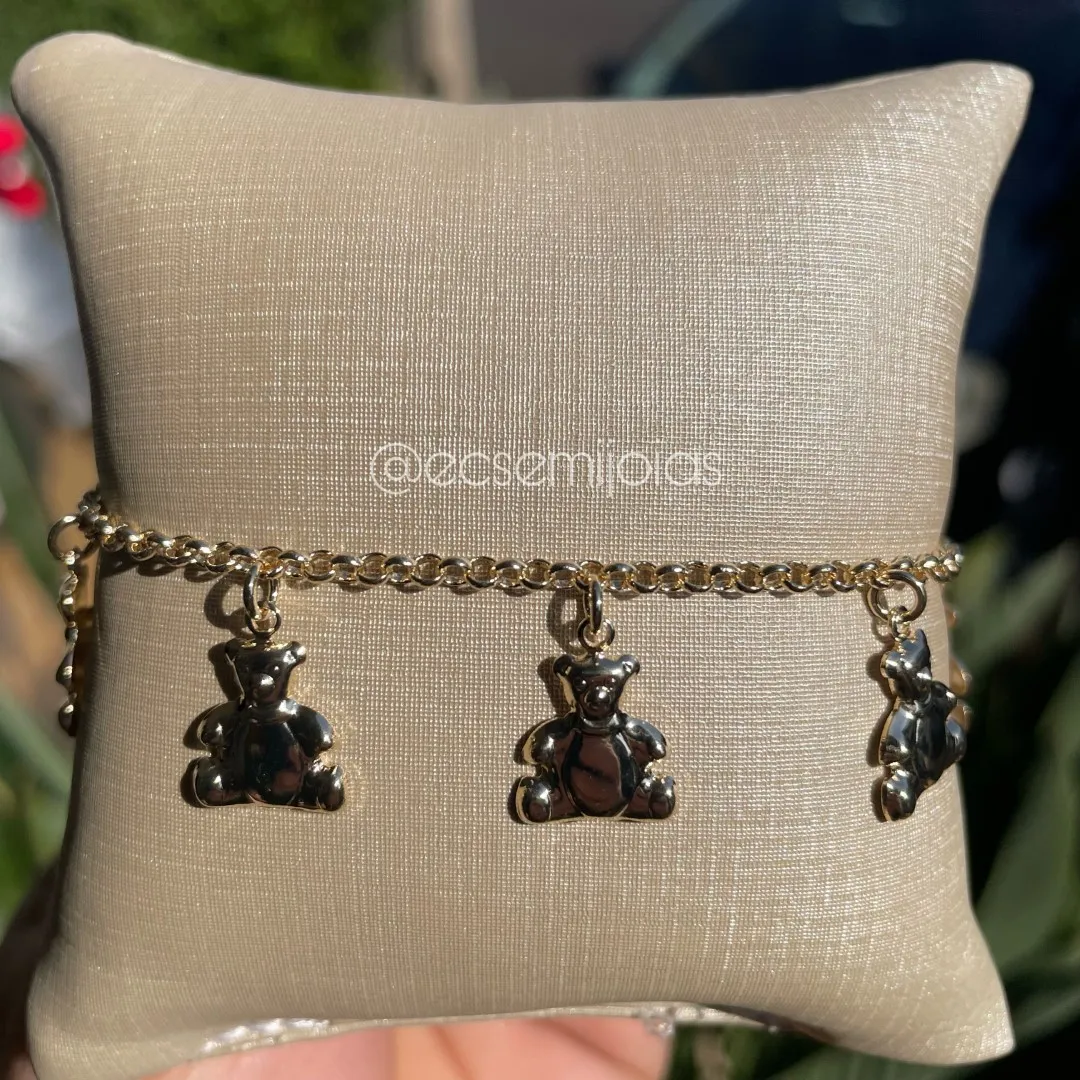 Pulseira infantil com elo português fino com ursos pendurados - 14cm - banhado a ouro 18k
