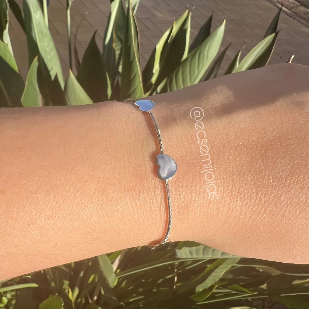 Pulseira rabo de rato 1mm com 3 corações lisos - 18cm + extensor - banhado a ródio branco