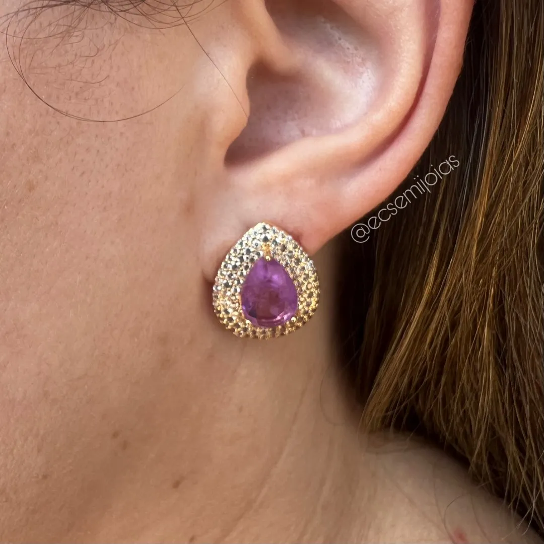 Conjunto de anel e brinco com pedra gota grande no centro cravejado em volta - banhado a ouro 18k