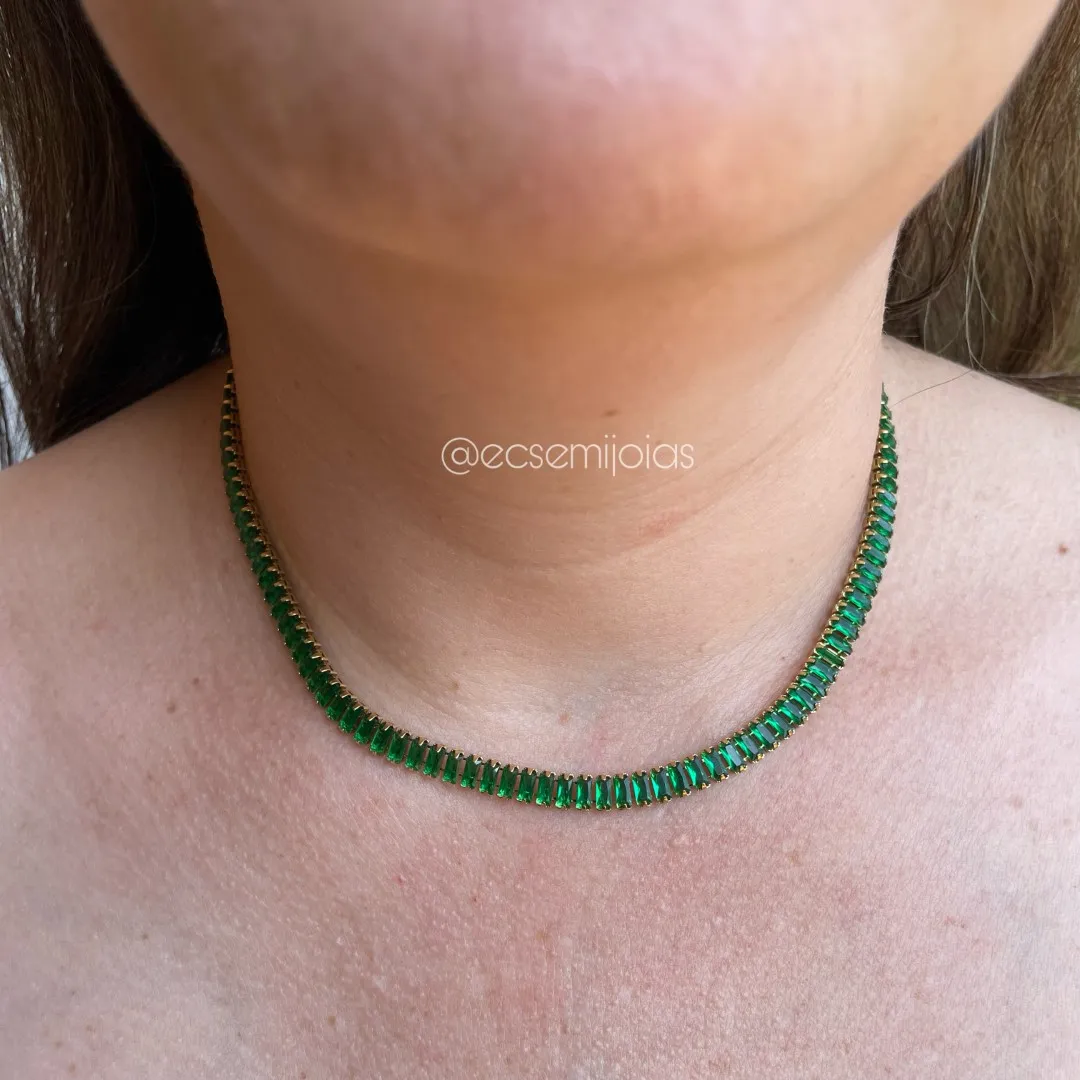 Colar com 100% de zircônias baguetes 5mm - 40cm - aço dourado