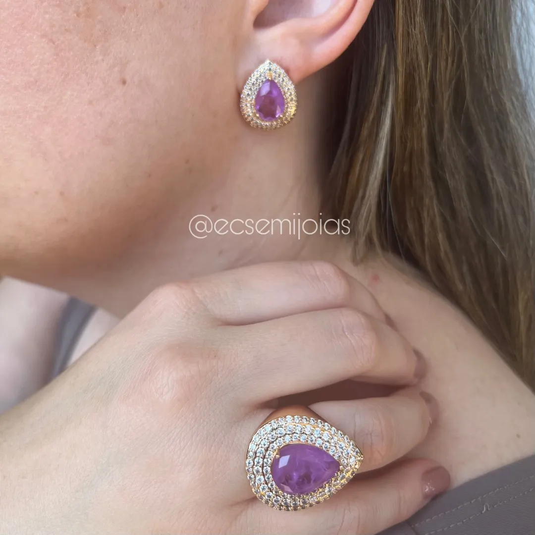 Conjunto de anel e brinco com pedra gota grande no centro cravejado em volta - banhado a ouro 18k