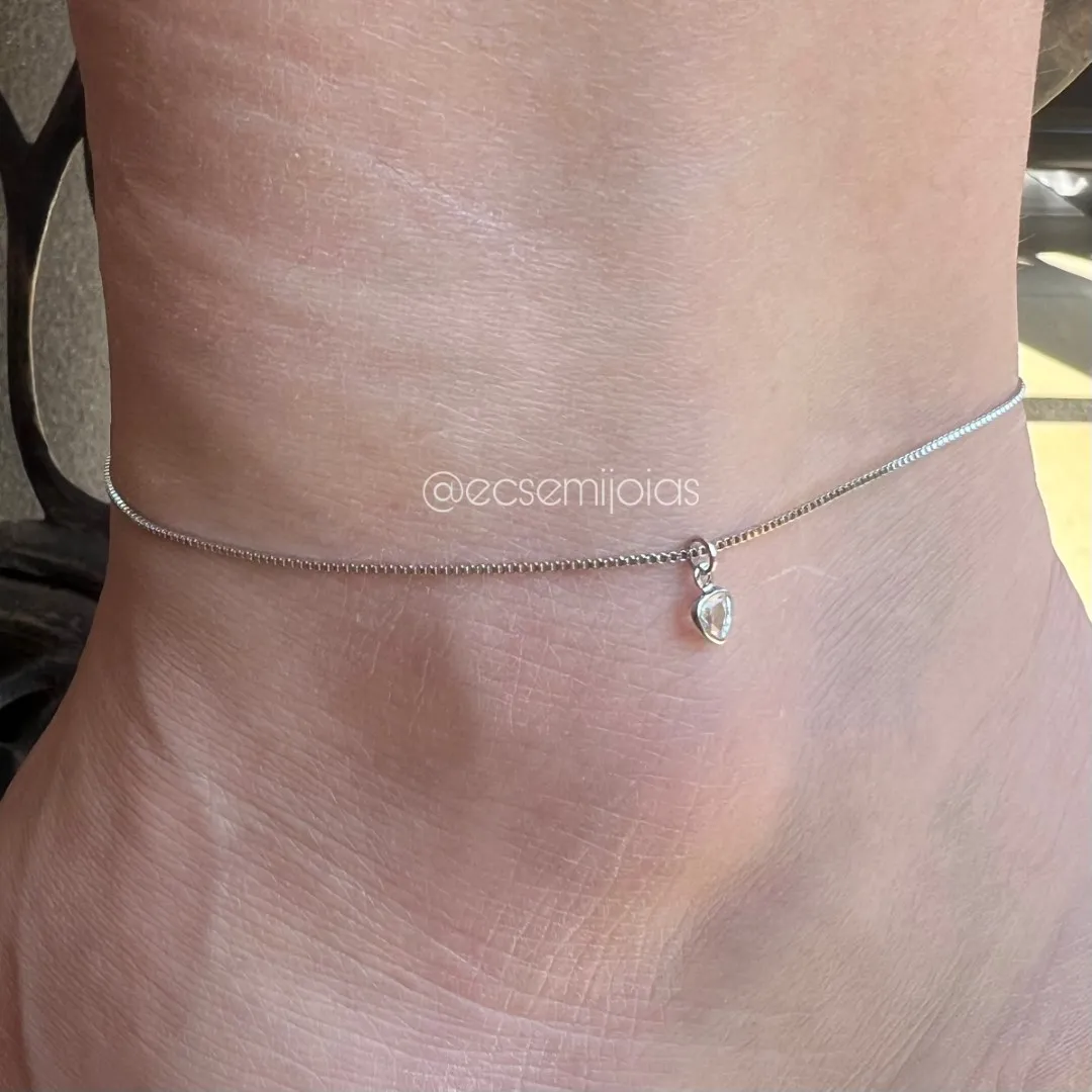 Tornozeleira veneziana com 1 coração de zircônia pendurado - 24cm + extensor - banhado a ródio branco
