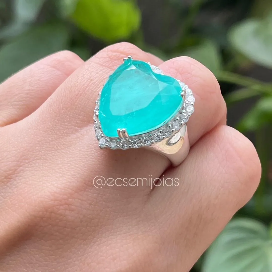 Conjunto brinco e anel com coração de pedra fusion grande no centro cravejado em volta - prata 925