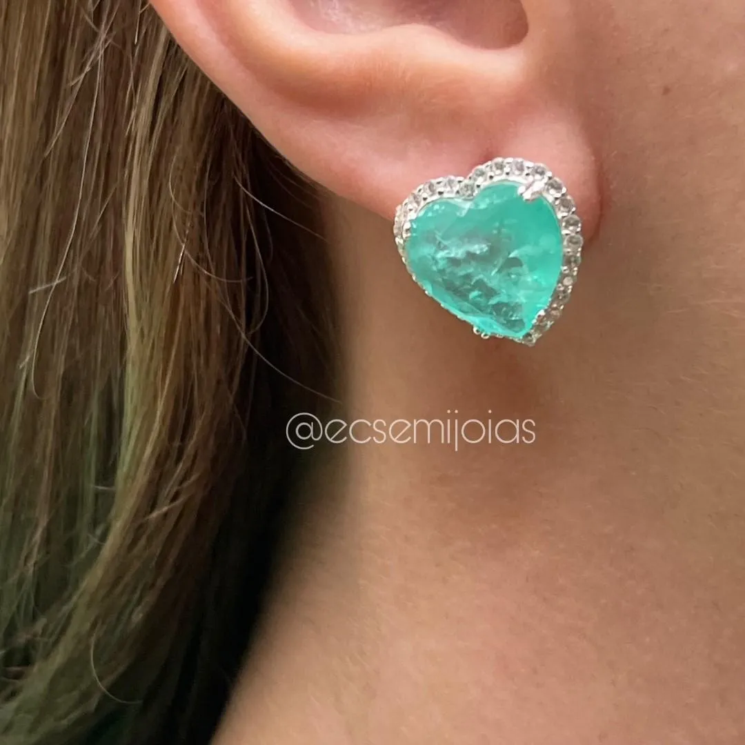 Conjunto brinco e anel com coração de pedra fusion grande no centro cravejado em volta - prata 925