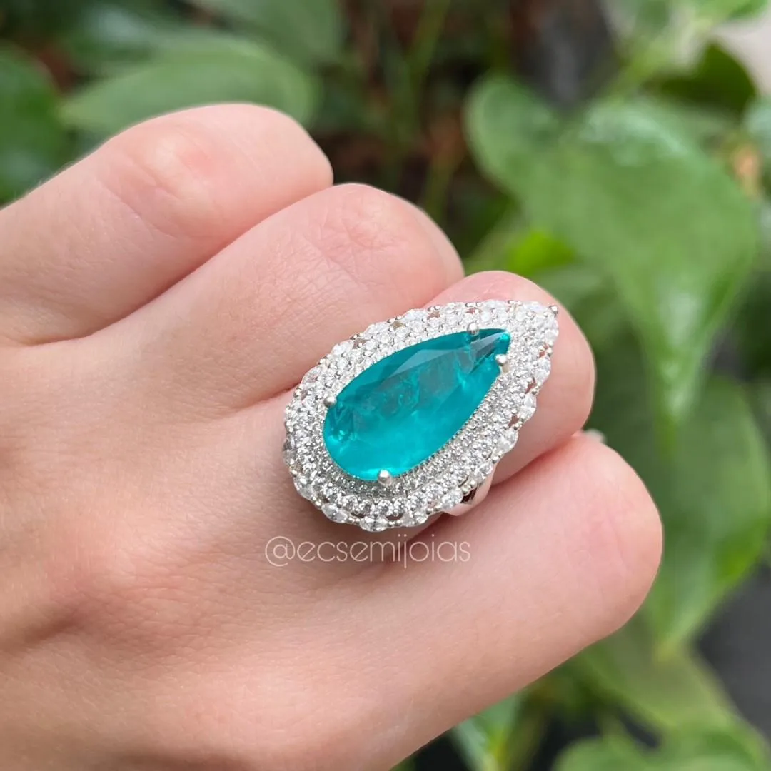 Anel de gota com pedra fusion grande no centro cravejado em volta - prata 925