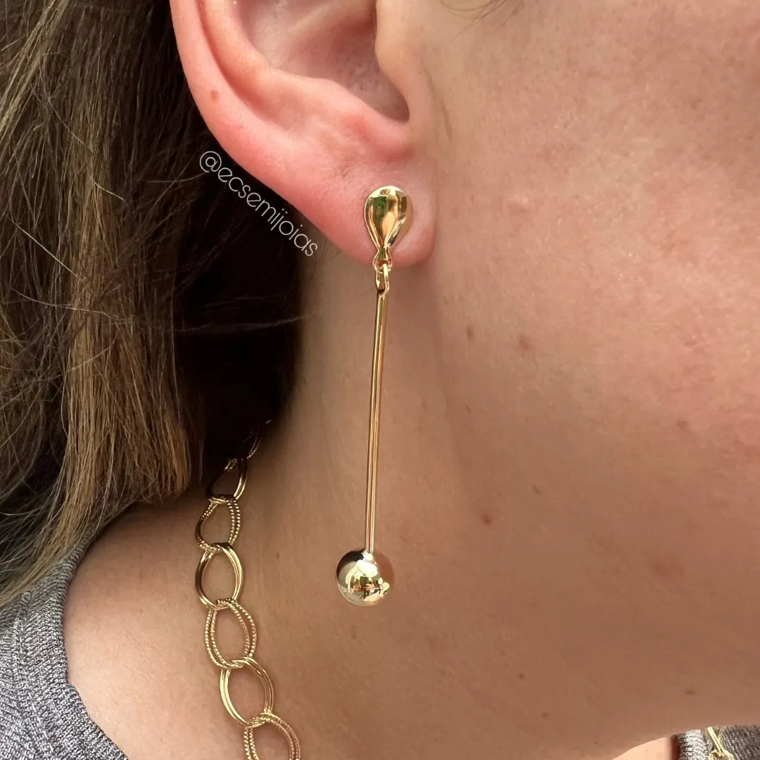 Brinco de bastão e bola 9mm lisa na ponta - banhado a ouro 18k