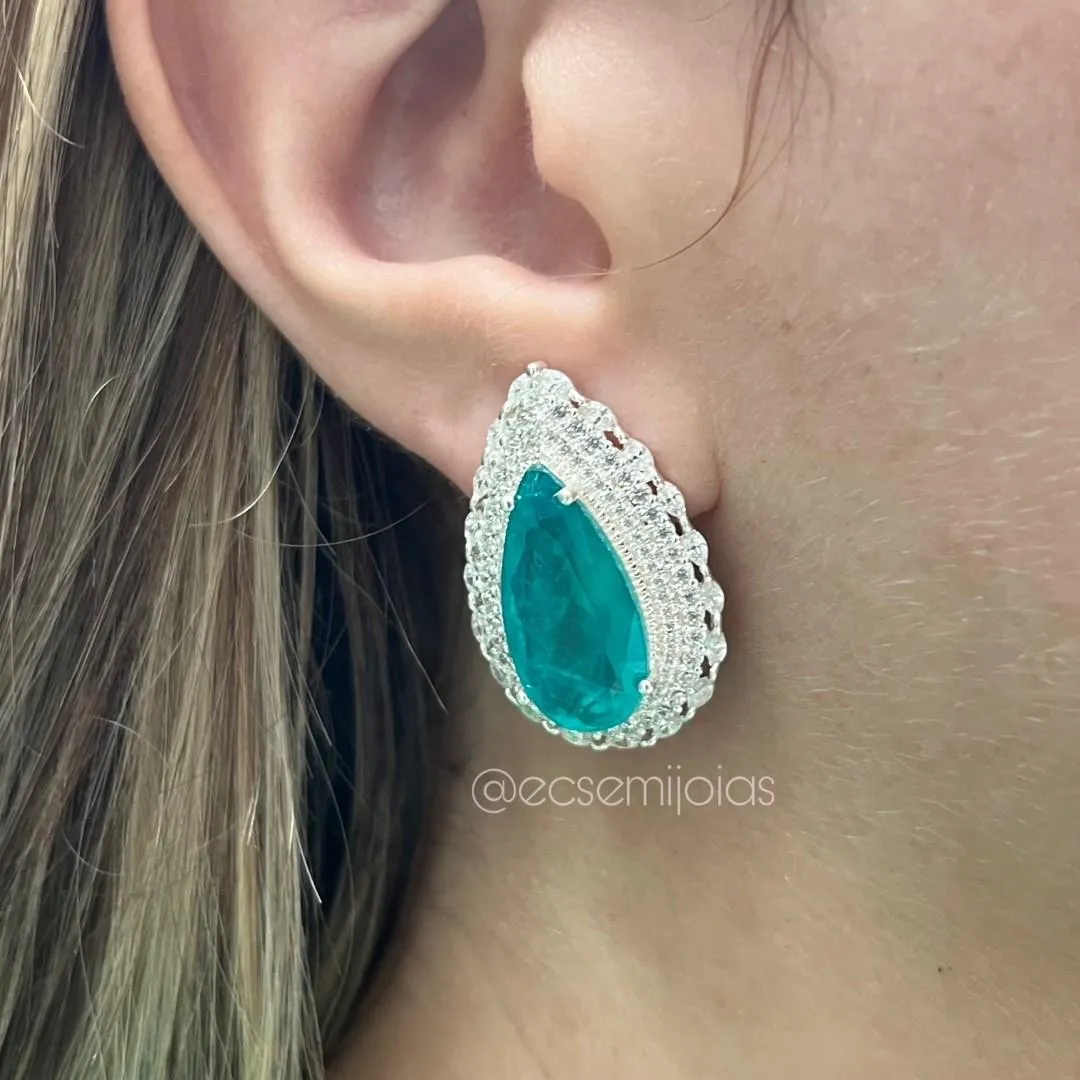 Brinco de gota com pedra fusion grande no centro cravejado em volta - prata 925