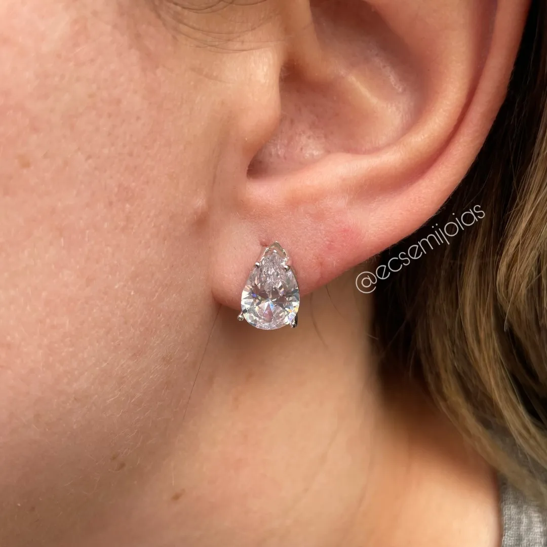 Brinco de zircônia gota - 8x12mm - banhado a ródio branco