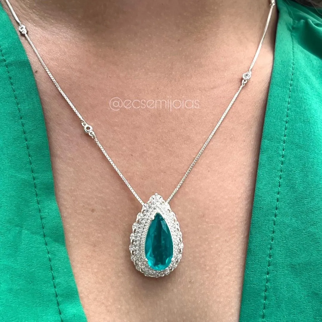 Colar de gota com pedra fusion grande no centro cravejado em volta - fecho ajustável - prata 925