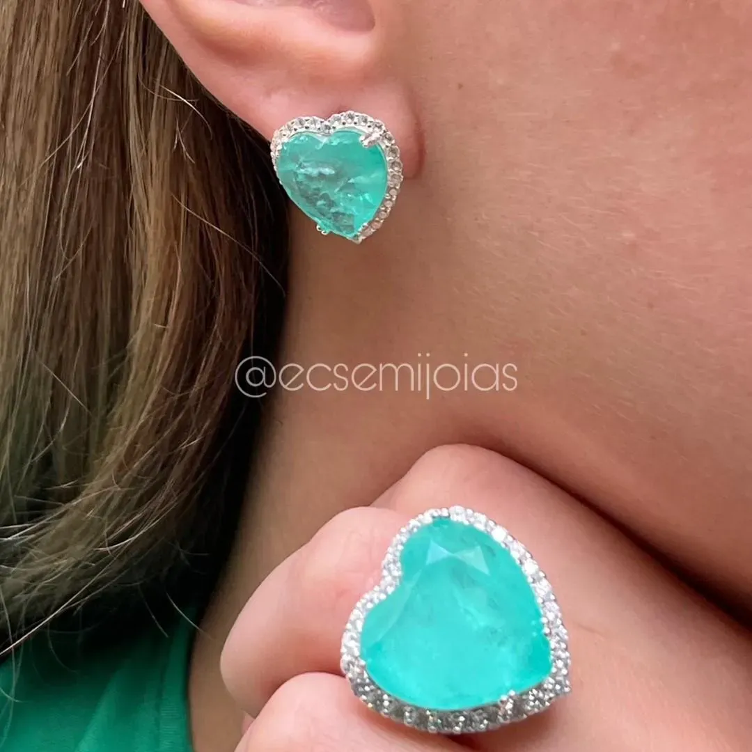 Conjunto brinco e anel com coração de pedra fusion grande no centro cravejado em volta - prata 925