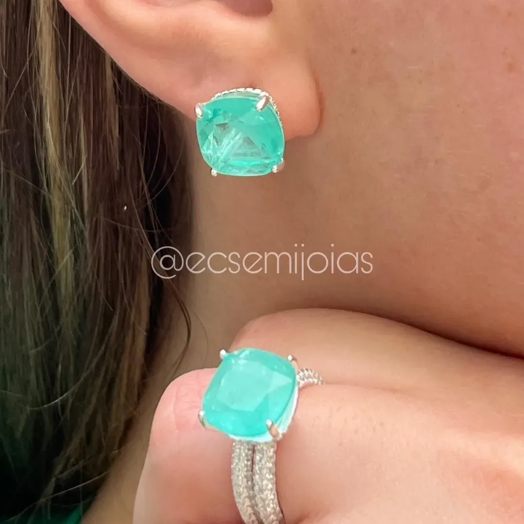 Conjunto brinco e anel duplo cravejado com pedra maior no centro - prata 925