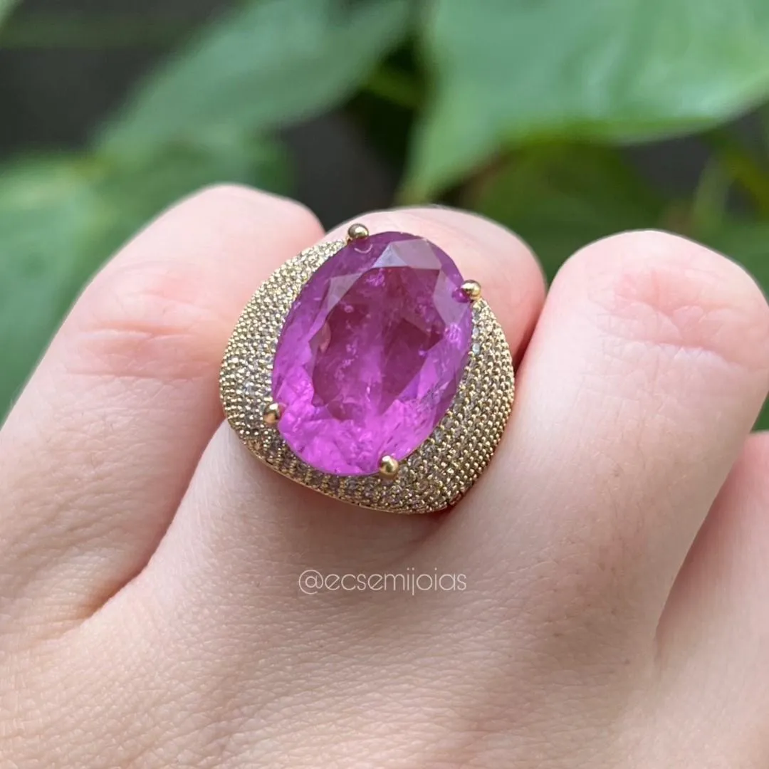 Conjunto anel e brinco com pedra natural oval grande cravejado nas laterais - banhado a ouro 18k