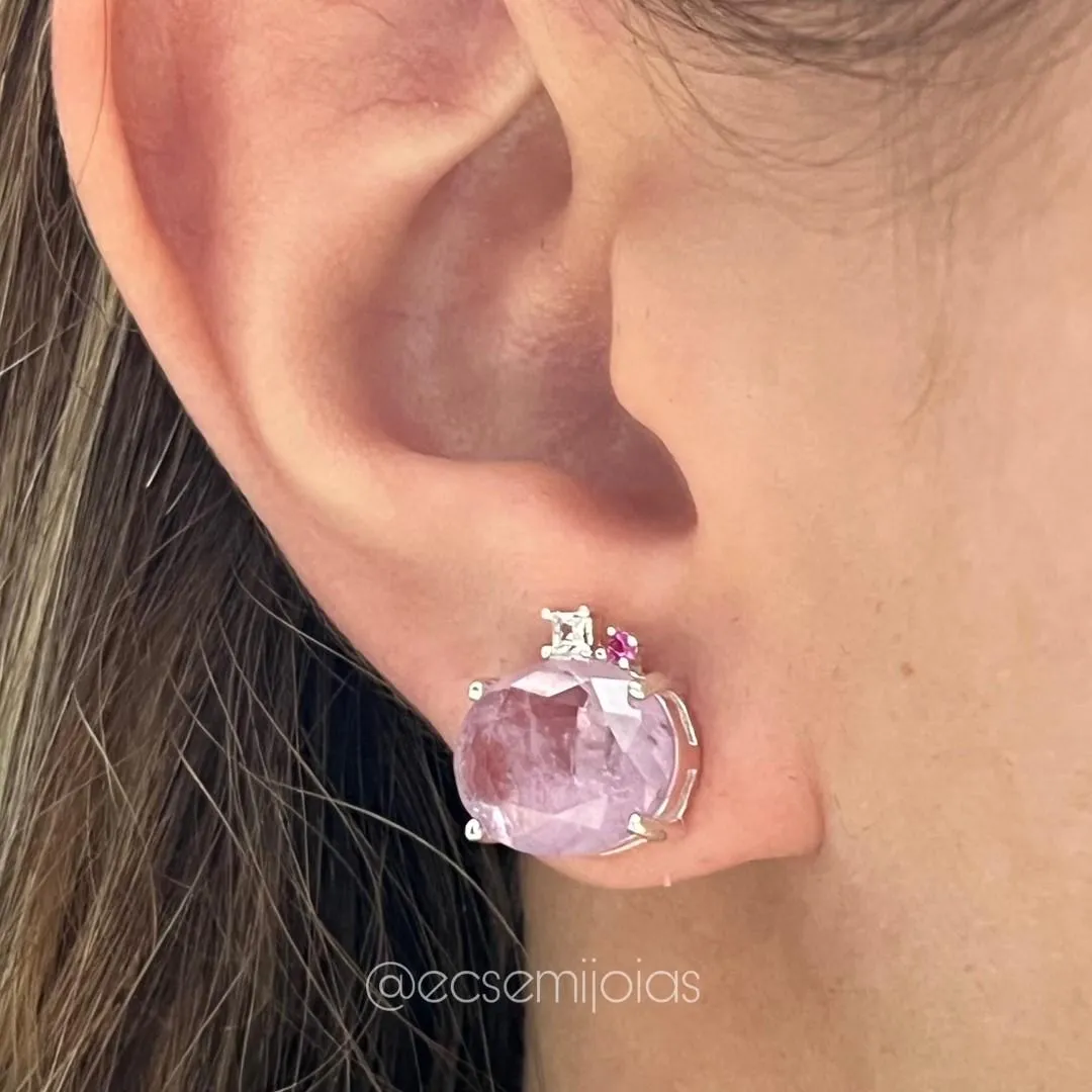 Conjunto brinco e anel com pedra oval grande e 2 zircônias menores - prata 925