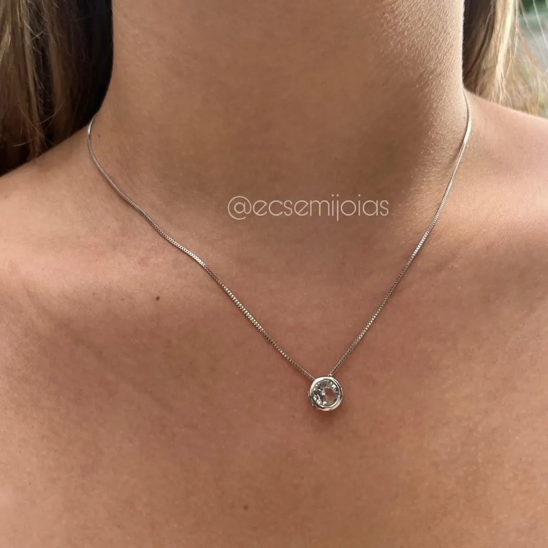 Conjunto de brinco e colar ponto de luz redondo - 6mm - banhado a ródio branco