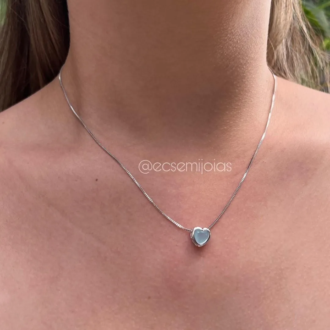 Conjunto de brinco e colar ponto de luz coração - 6mm - banhado a ródio branco