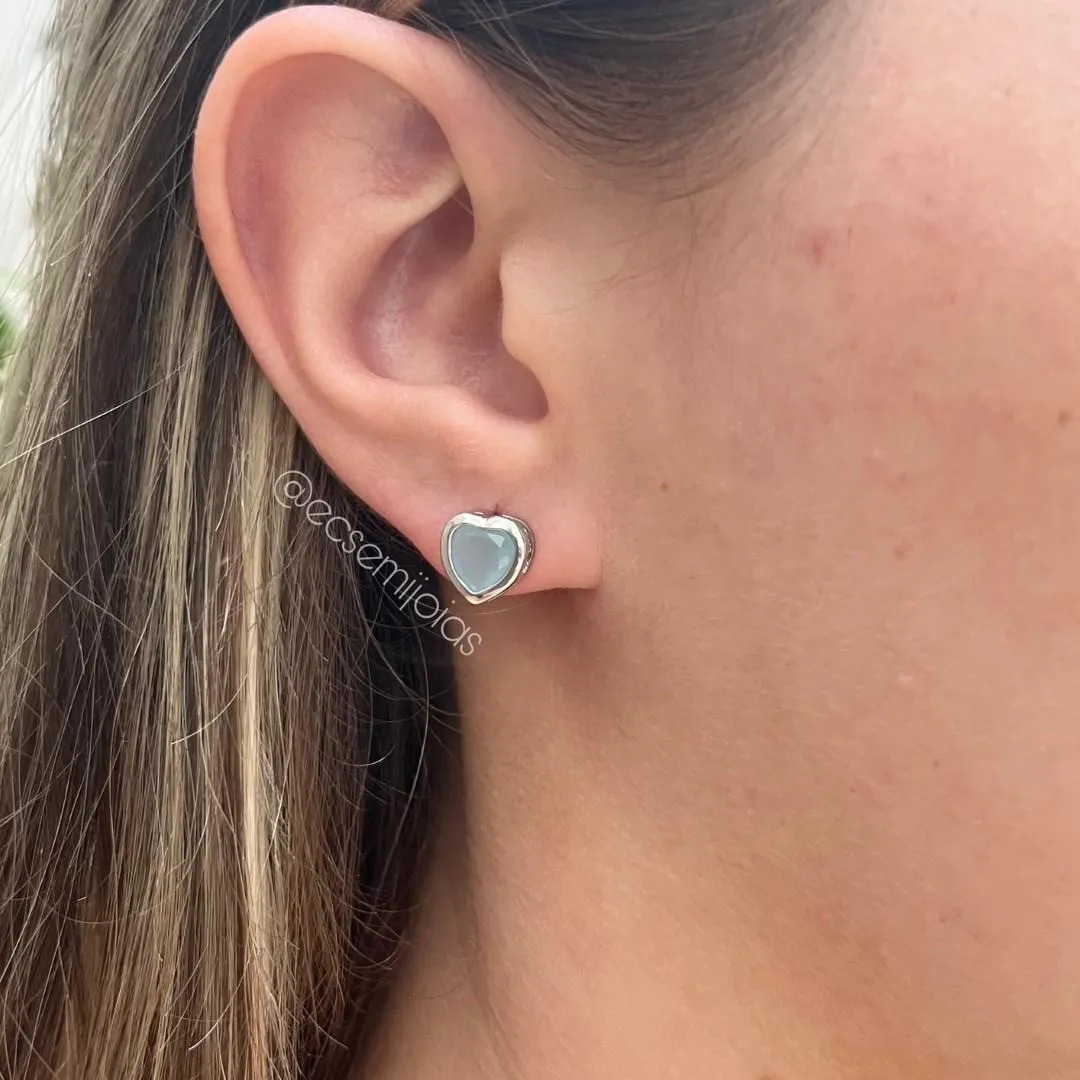 Conjunto de brinco e colar ponto de luz coração - 6mm - banhado a ródio branco