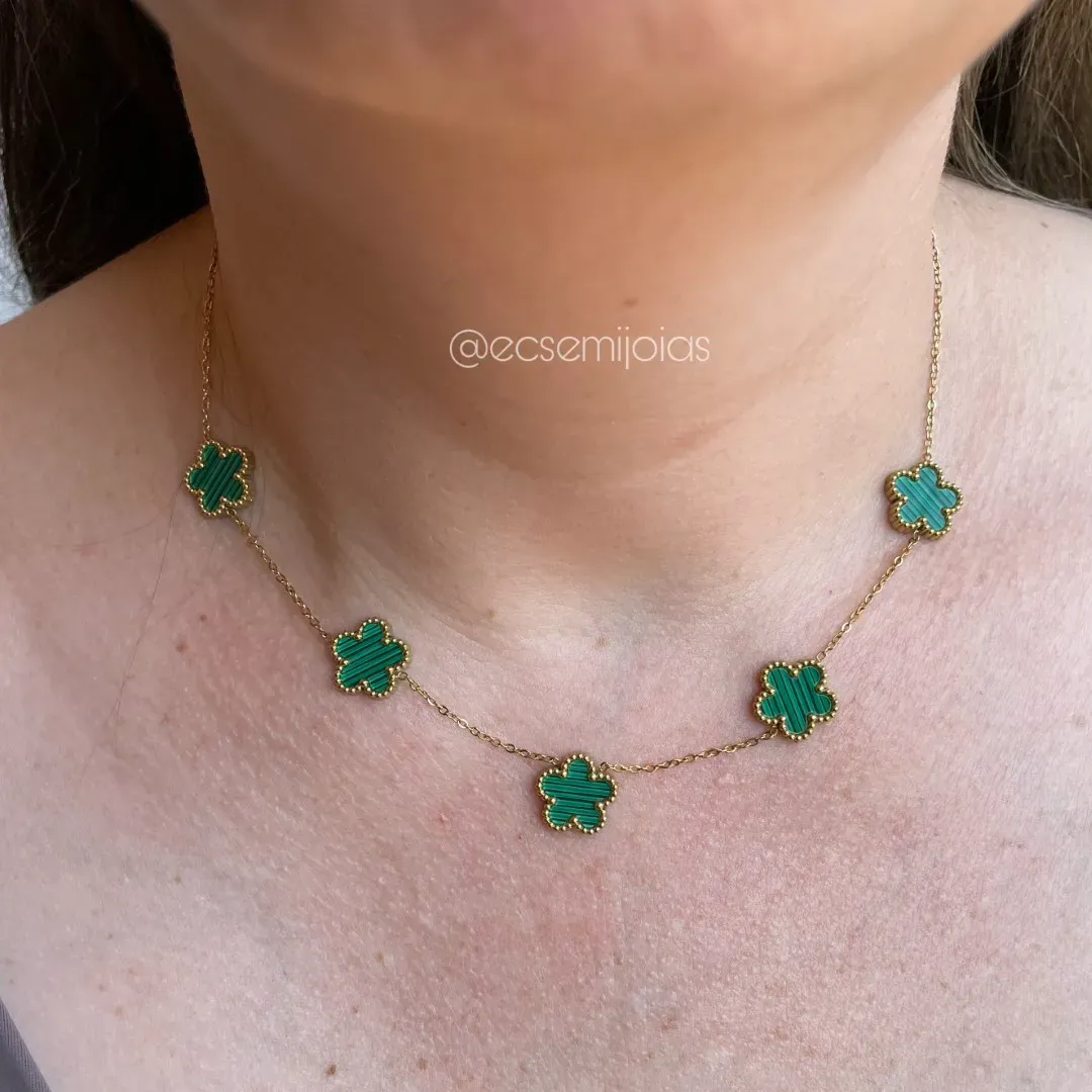 Colar flor com 5 pétalas - 45cm + extensor - aço dourado