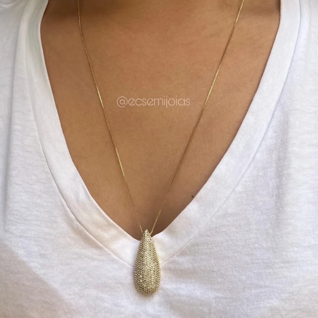 Colar com gota grande cravejada - 60cm - banhado a ouro 18k