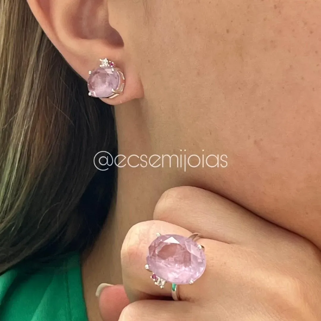Conjunto brinco e anel com pedra oval grande e 2 zircônias menores - prata 925