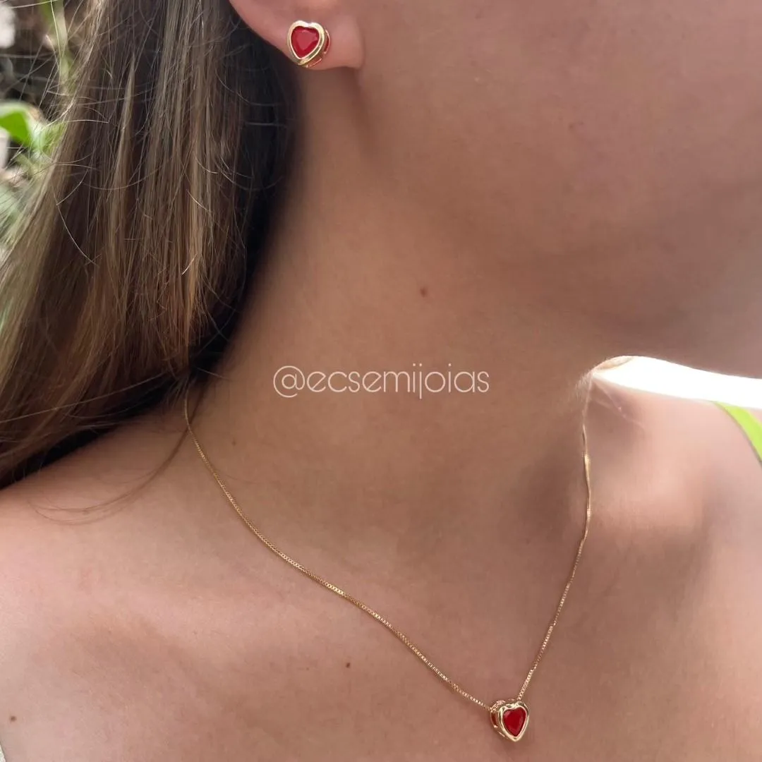 Conjunto de brinco e colar ponto de luz coração - 6mm - banhado a ouro 18k