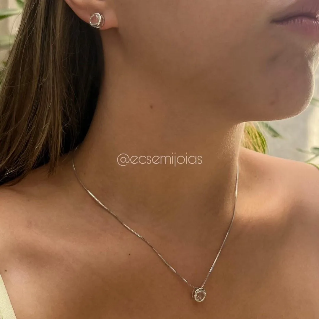 Conjunto de brinco e colar ponto de luz redondo - 6mm - banhado a ródio branco