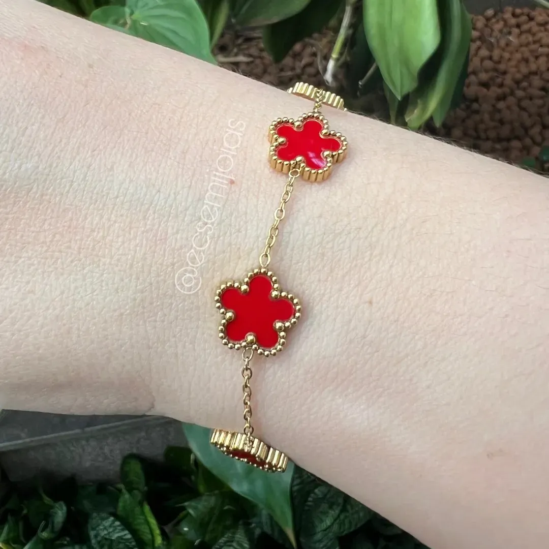 Pulseira flor com 5 pétalas - 16,5cm + extensor - aço dourado