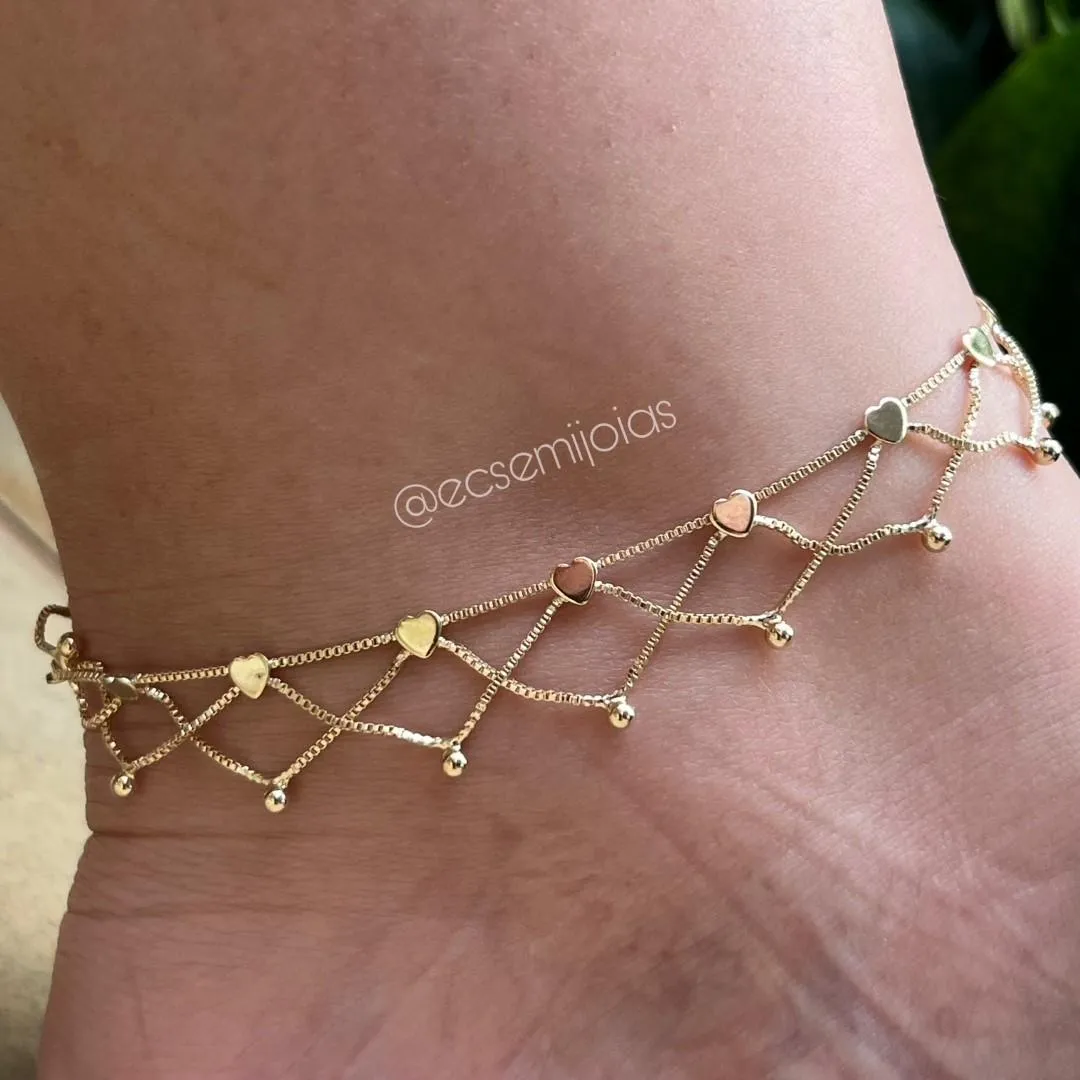 Tornozeleira com corações pequenos lisos e renda com bolinhas nas pontas - 22cm + extensor - banhado a ouro 18k