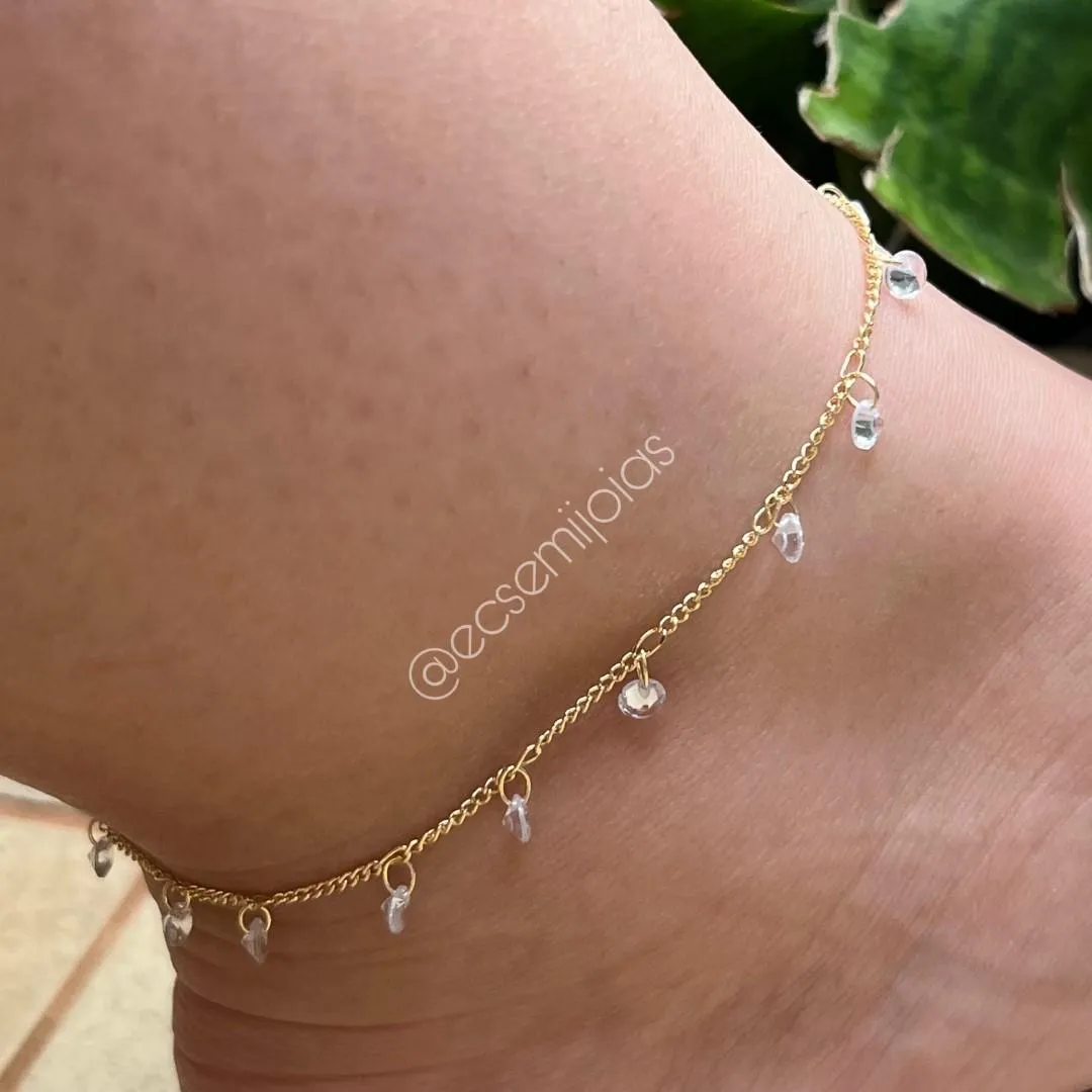 Tornozeleira com zircônias redondas penduradas - 22cm + extensor - banhado a ouro 18k