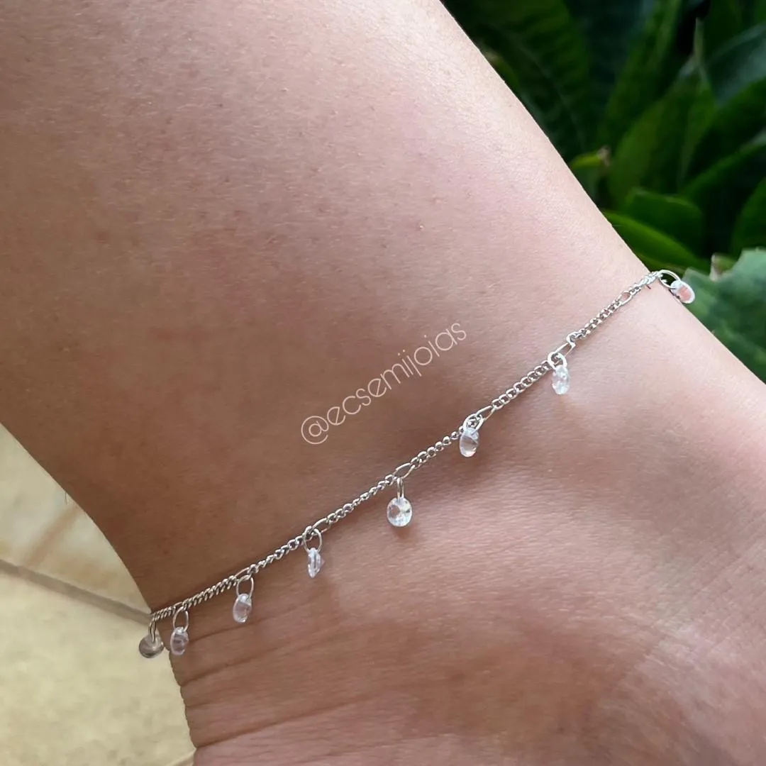 Tornozeleira com zircônias redondas penduradas - 22cm + extensor - banhado a ródio branco