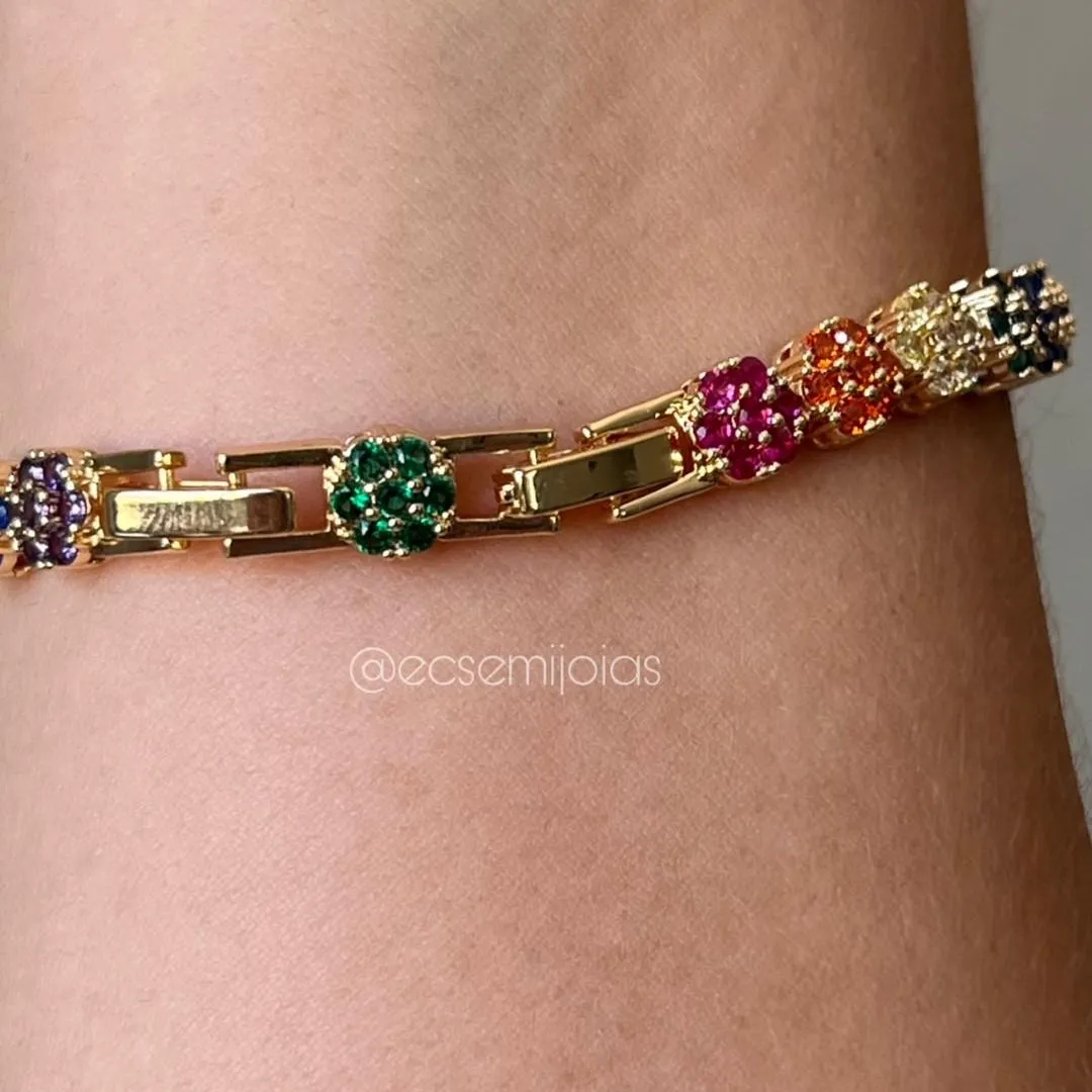 Pulseira de florzinha delicada cravejada - 18cm + trava extensora - banhado a ouro 18k