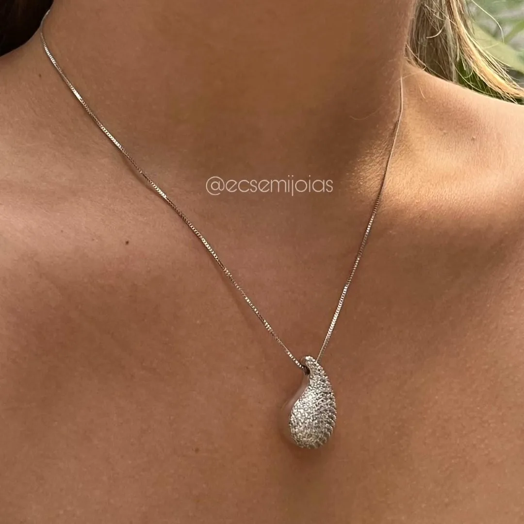 Conjunto de brinco e colar de gota cravejada - banhado a ródio branco
