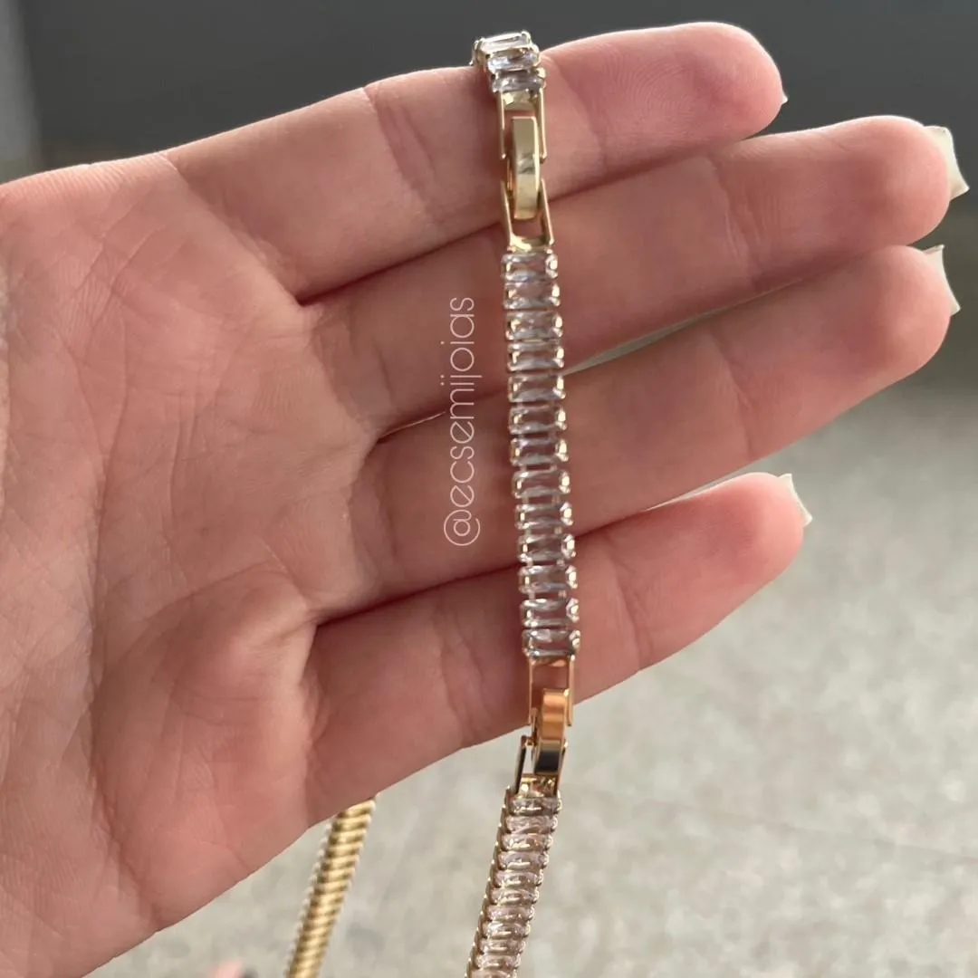 Colar com 100% zircônias baguetes 5mm - 40cm + extensor - banhado a ouro 18k