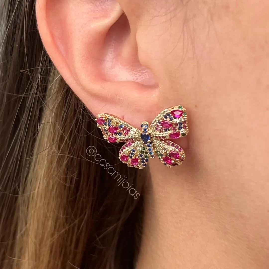 Conjunto de brinco e colar de borboleta cravejada grande com elo português 6mm - 40cm - banhado a ouro 18k