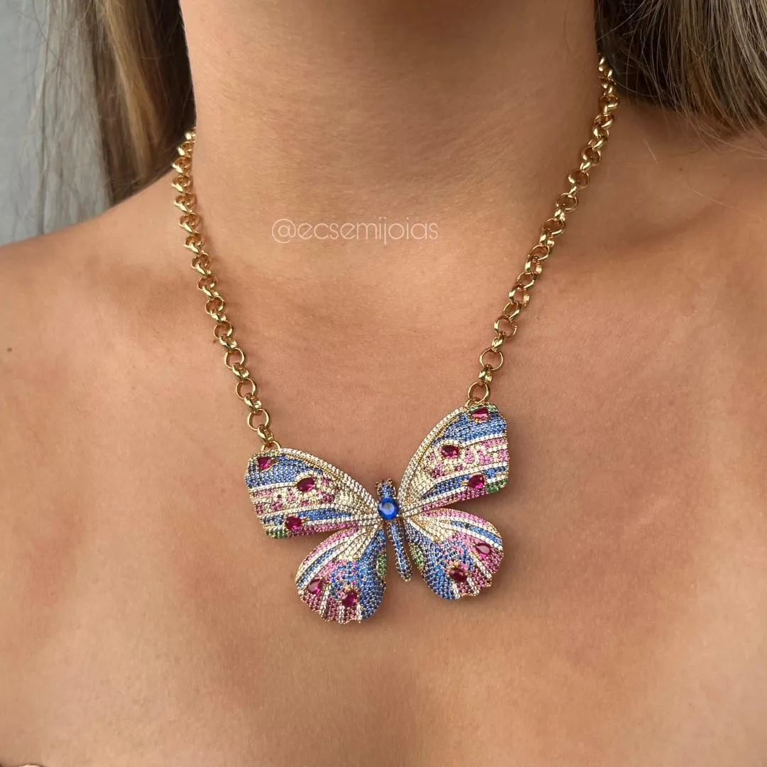 Conjunto de brinco e colar de borboleta cravejada grande com elo português 6mm - 40cm - banhado a ouro 18k