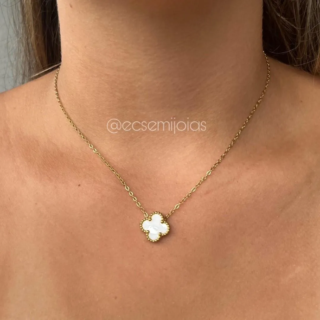 Conjunto de brinco e colar de trevo 13mm - aço inoxidável dourado