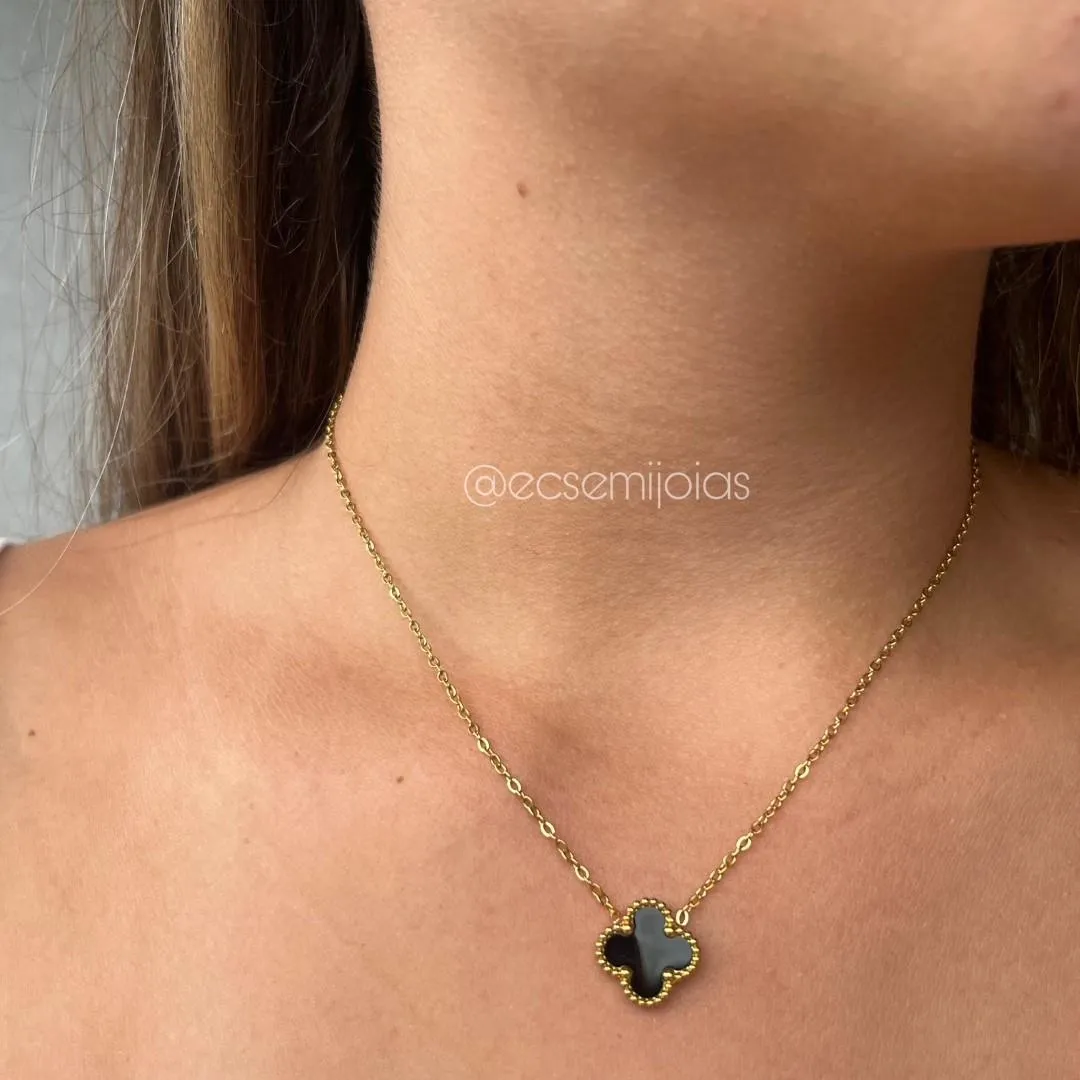 Conjunto de brinco e colar de trevo 13mm - aço inoxidável dourado
