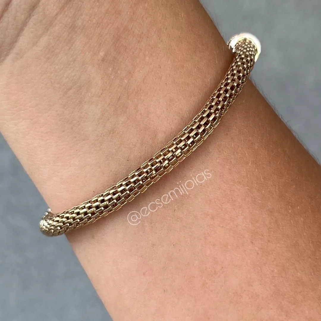 Pulseira de pantera cravejada com elo tubo vazado de 5mm - 19cm - banhado a ouro 18k