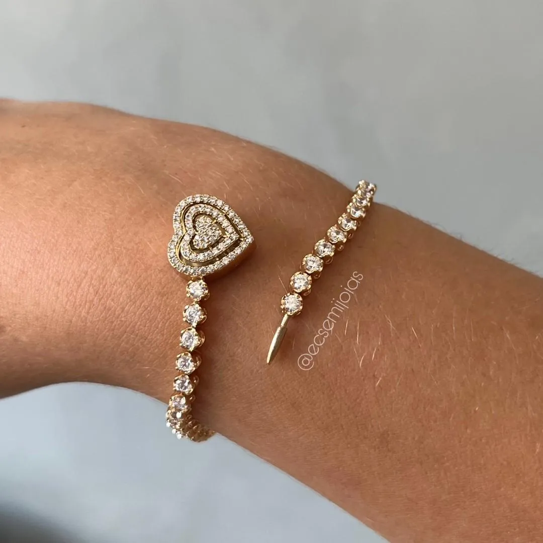 Pulseira 100% de zircônias com fecho de coração grande cravejado - 18cm - banhado a ouro 18k