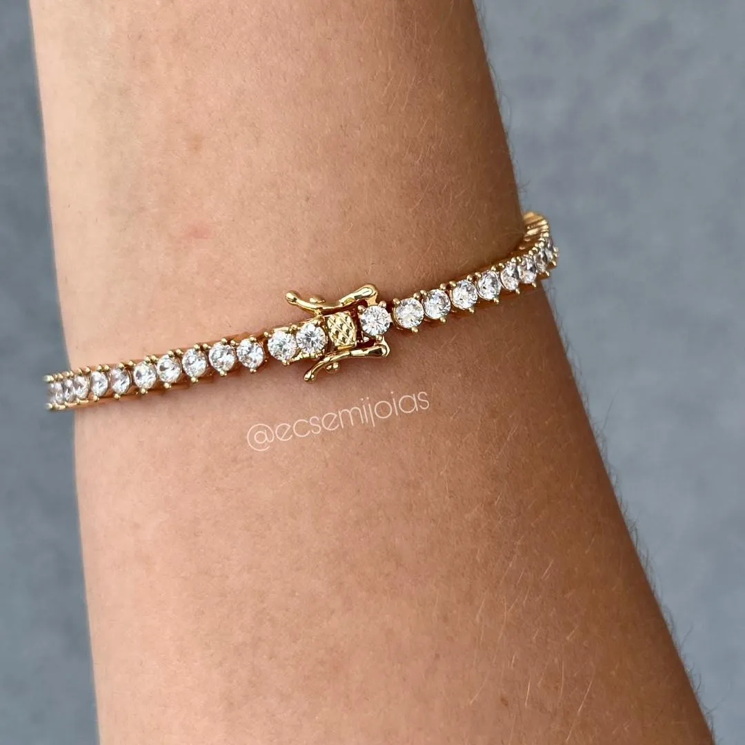 Pulseira 100% zircônias com garras de 3 pontas - 18cm - banhado a ouro 18k