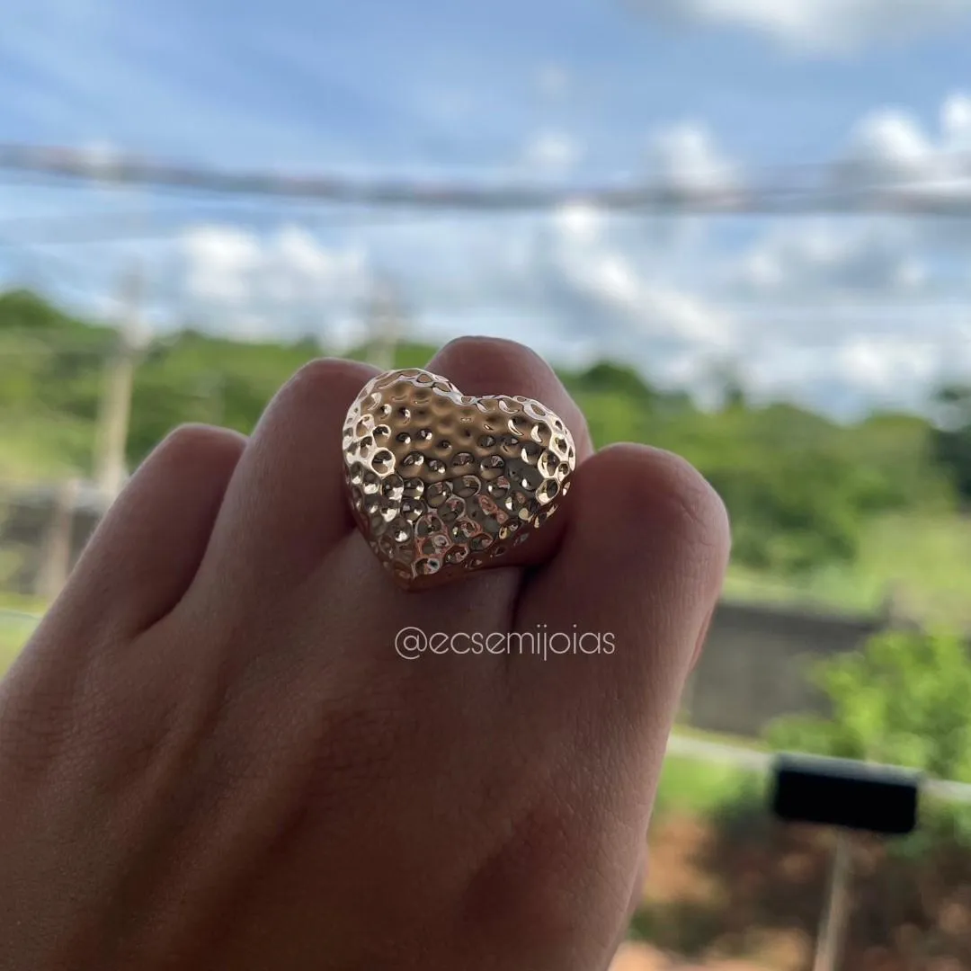 Conjunto de anel e brinco coração martelado - banhado a ouro 18k