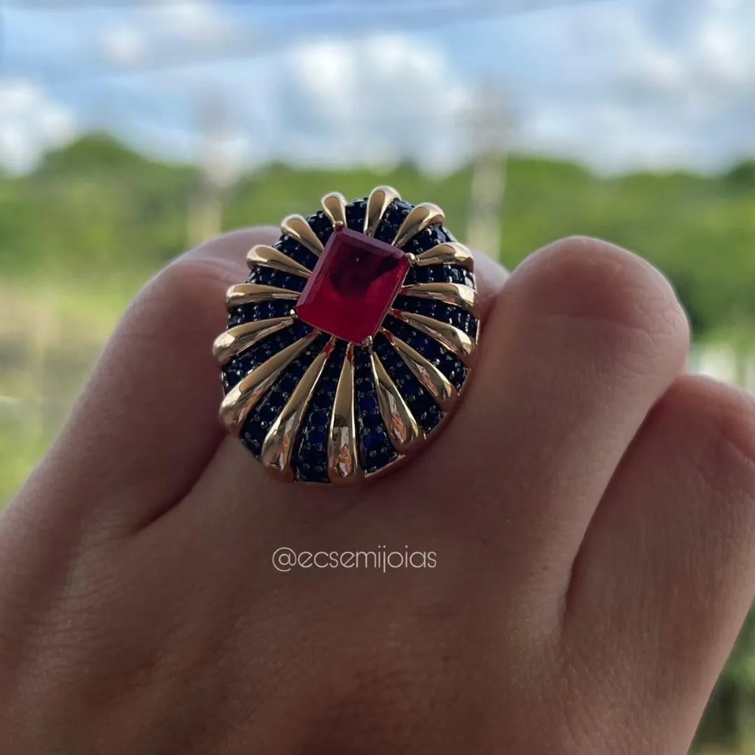 Conjunto de anel e brinco oval com pedra retangular no centro e frisos cravejados - banhado a ouro 18k