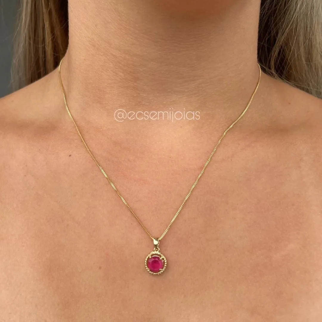 Conjunto de brinco e colar com pedra redonda no centro com borda cravejada - 7mm - banhado a ouro 18k