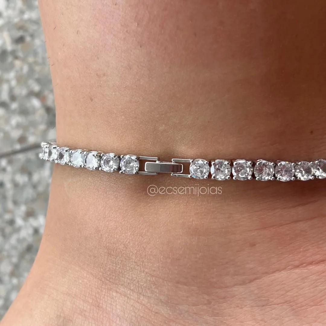 Tornozeleira com 100% de zircônias de 5mm - 25cm - banhado a ouro 18k