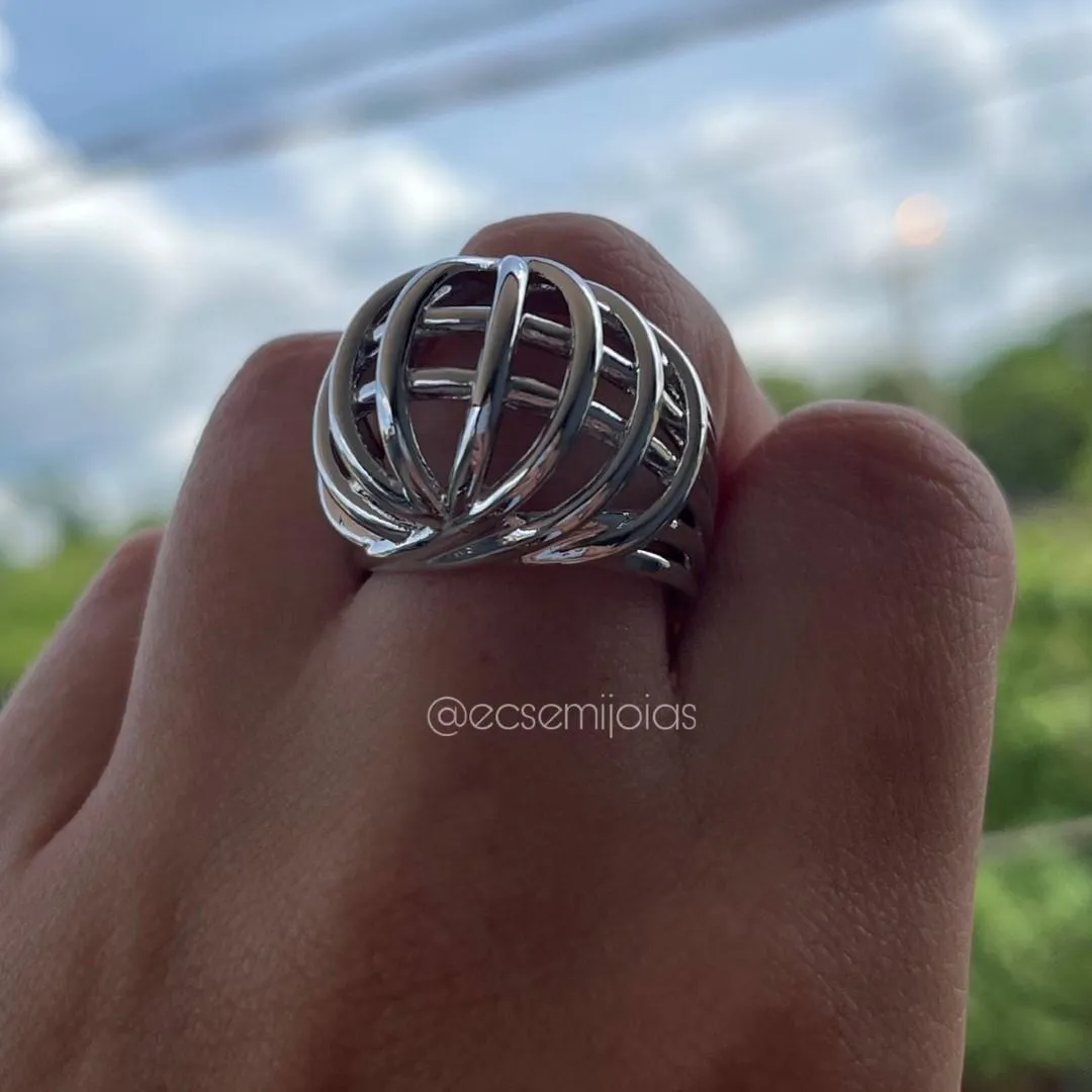 Conjunto de anel e brinco oval vazado - banhado a ródio branco