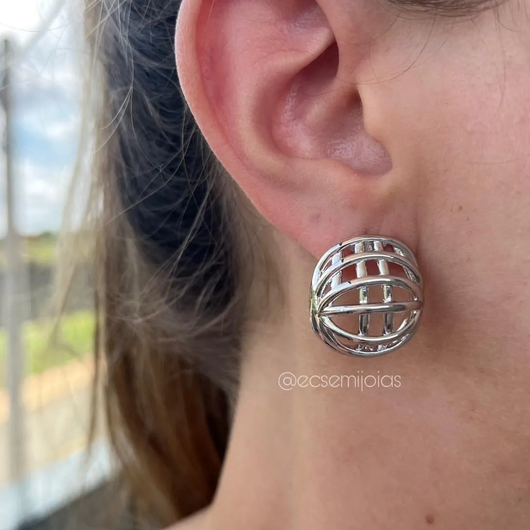 Conjunto de anel e brinco oval vazado - banhado a ródio branco
